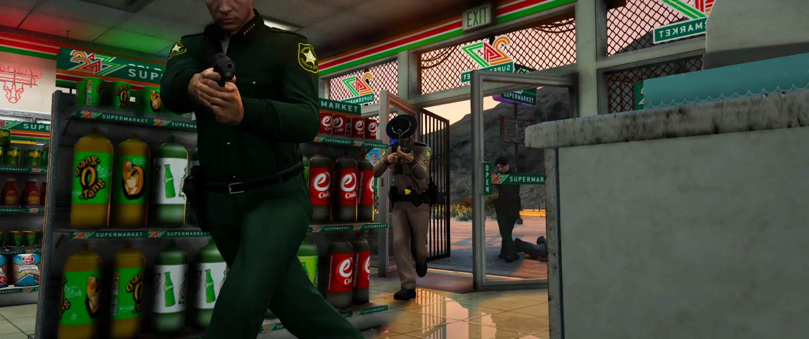 Deputies and an FHP trooper entering a 24/7 store